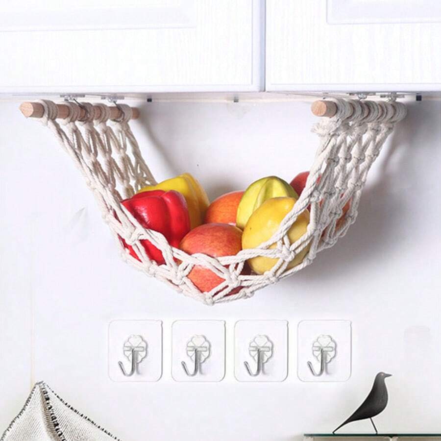 1 Stück handgefertigte gehäkelte Obstnetztasche, Baumwollseil Hängekorb für Küchendekoration, Obst- und Gemüseaufbewahrung, inklusive 4 Aufhängehaken