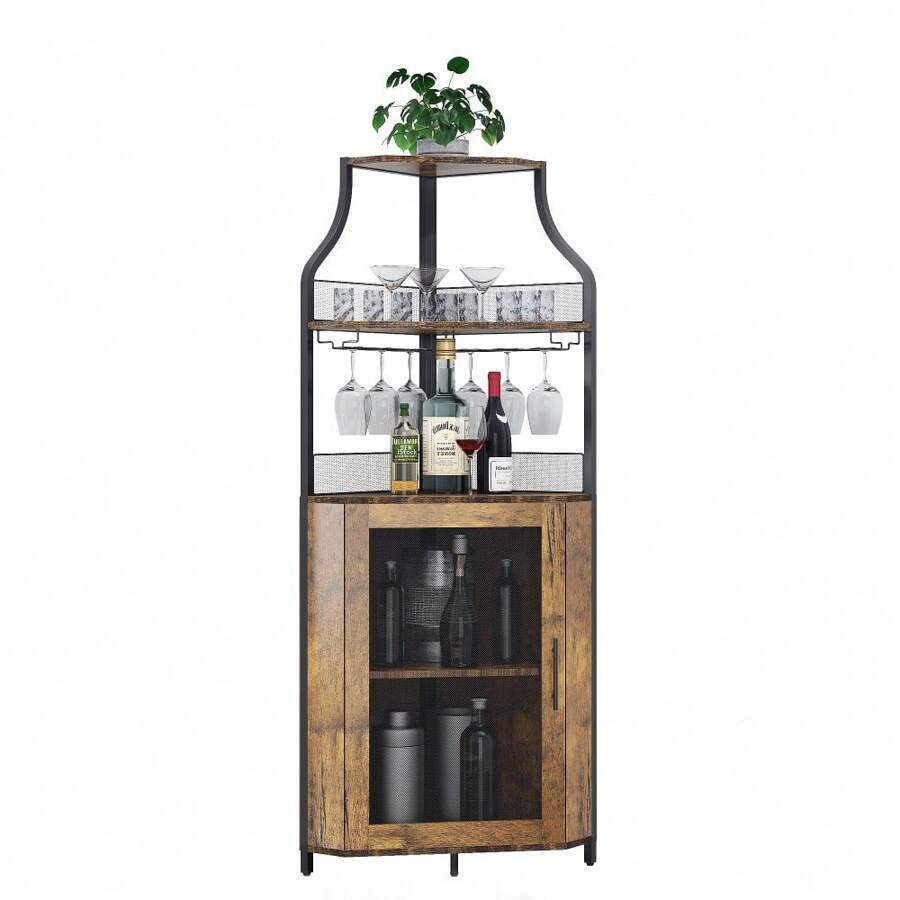 Corner Wine Bar Cabinet With Glass Holder, Detachable Cabinet Wine Rack, Glass Holder, Small Sideboard, And Buffet Cabinet With Mesh Door Design