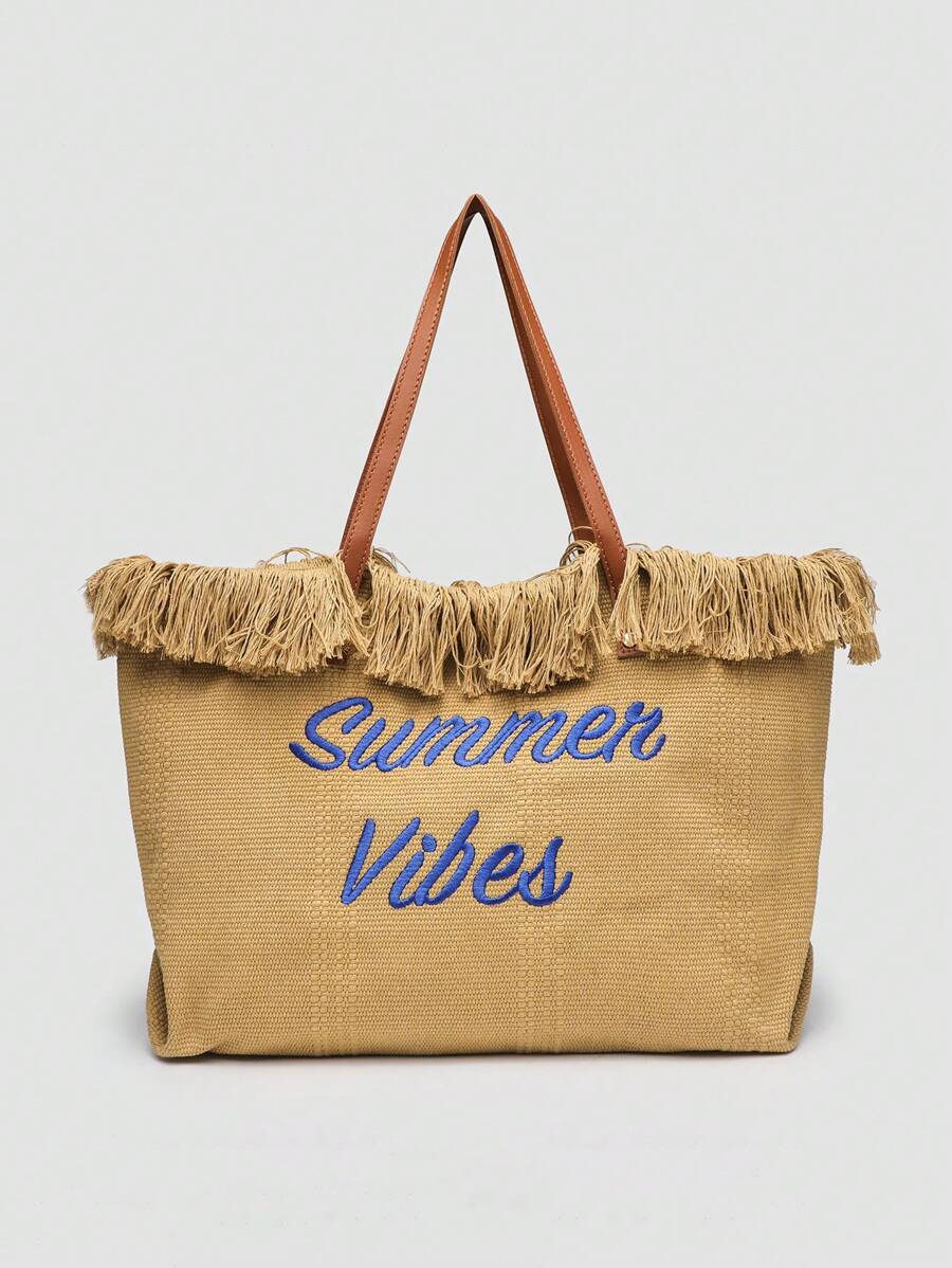 1 pieza Bolsa de lona con borlas de gran capacidad, de estilo casual y moda, bolso de hombro minimalista para ir al trabajo y de compras, adecuado para la calle, viajes y la playa