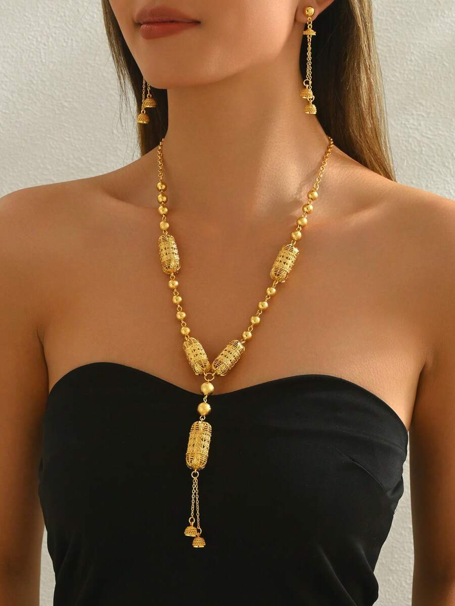 Conjunto de 3 piezas de collar largo y pendientes de joyería con borla y linterna vintage, regalo para boda, fiesta o festival
