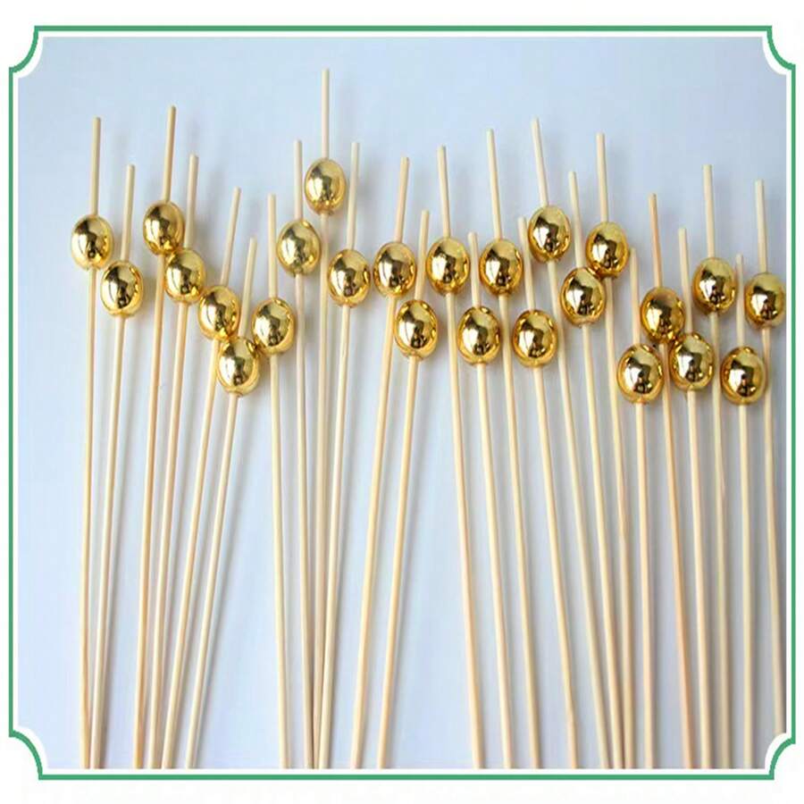 100PCS Cocktail Picks, Fancy Toothpicks For Appetizers, Decorative Skewers For Appetizers Drinks Party Fruit, 4.7 Inch Long Wooden Bamboo Gold Ball Food Sticks Charcuterie Boards Accessories