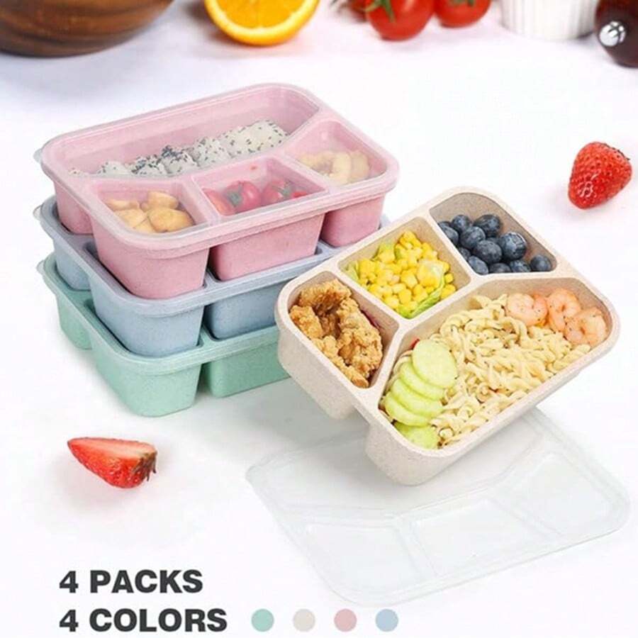 4 teilige Bento Box, 4 teiliger Mahlzeiten Vorbereitungscontainer, Kinder Lunchbox, wiederverwendbarer Kunststoff Lebensmittelaufbewahrungsbehälter frei von Bisphenol A - stapelbar, geeignet für Schule, Unternehmen, Arbeit und Reisen