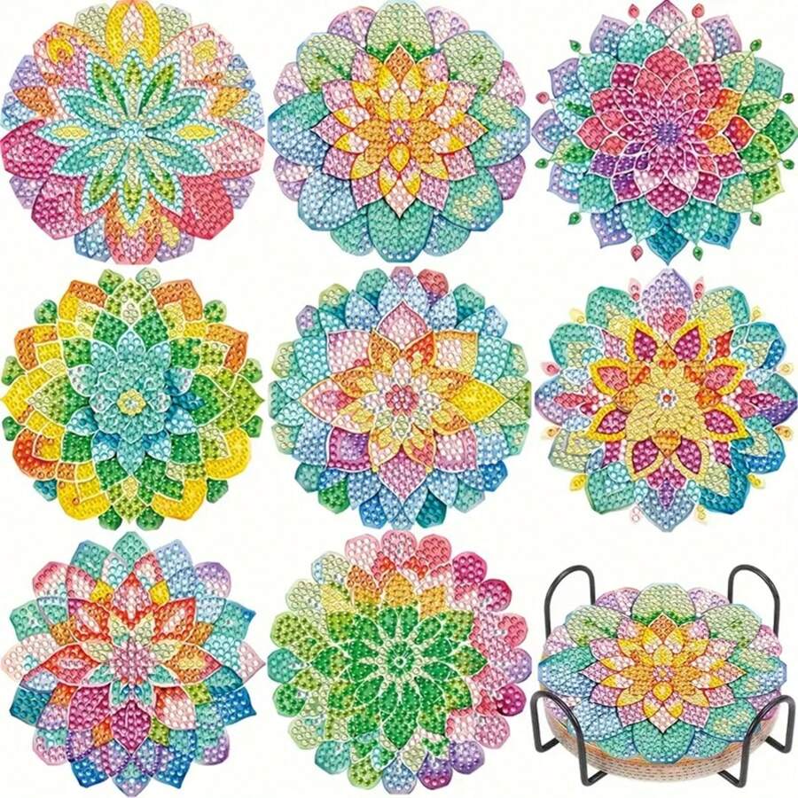 New DIY Diamond Painting Set, Full Drill Diamond Decoration For Living Room/Bedroom, Tea Cup Mat, 8pcs, Mandala Design