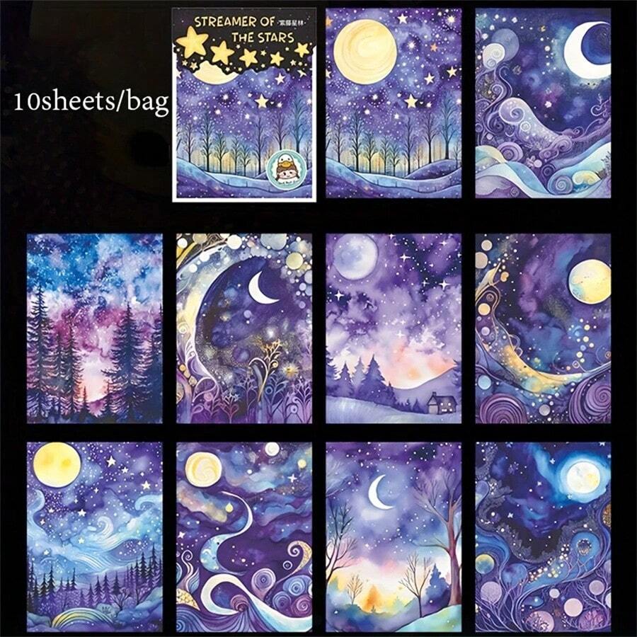 10 Sheets Glow-In-The-Dark Starry Sky Stickers - Matte Adhesive Stickers Suitable For Scrapbook, Diary, Phone Case And Frame Decoration - Starry Night Design (Moon, Stars, Clouds), Star Stickers,School Supplies,Back To School