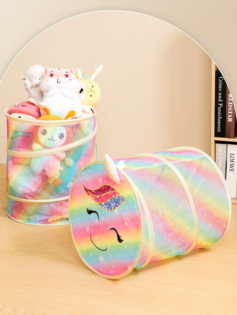 1pc Plush Toy Doll Storage Bucket Rainbow Mesh Toy Storage Box Home Folding Storage Basket Storage Box