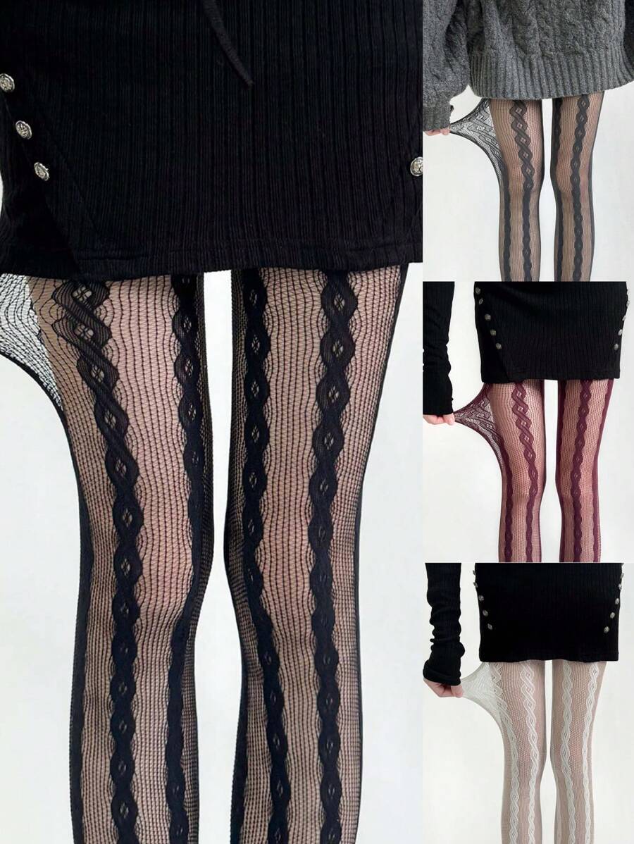 1 pieza Medias de mujer con tejido de punto de cable, de malla fina con estampado de rayas verticales de encaje calado, transpirable, transparente, de estilo gótico oscuro, sexy, de ajuste ceñido