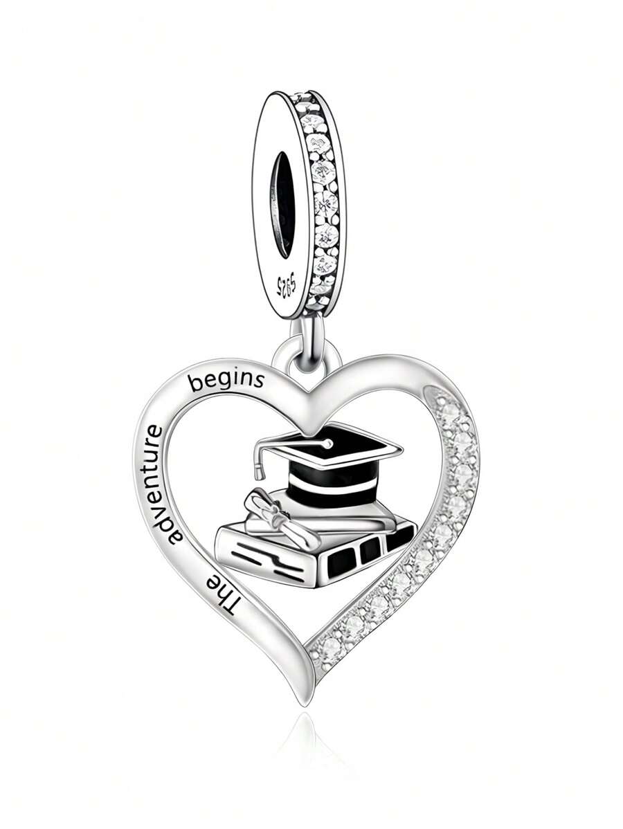 1pc Minimalist 925 Sterling Silver Cubic Zirconia Heart Graduation Cap Pendant, Unisex DIY Jewelry, Suitable For Graduation Party And Gift