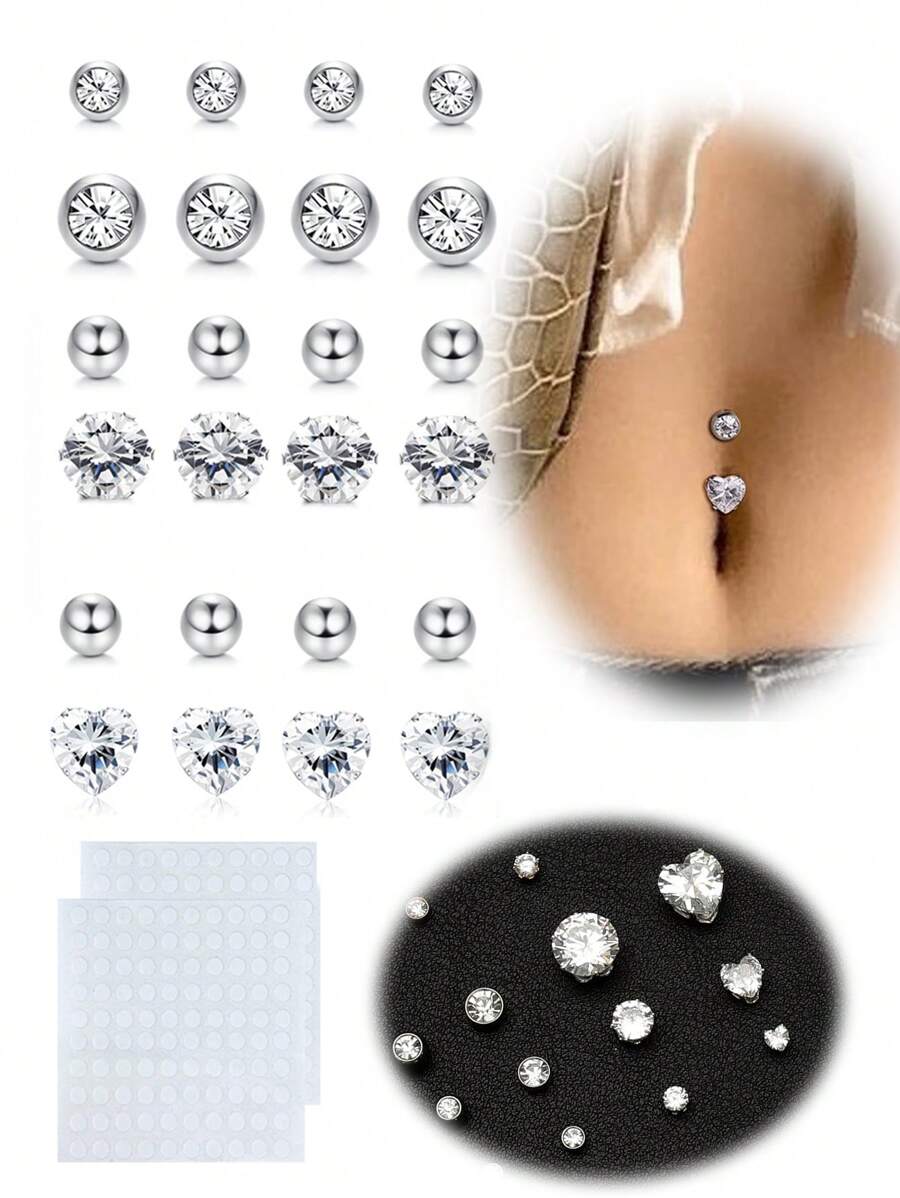 Piercing de ombligo falso estilo Y2K para pegar, joyas de piercing de ombligo falso con corazones de CZ de acero inoxidable en color rosa, plata y oro, aretes falsos con corazones rosa, joyas de piercing de ombligo falso para pegar sin perforación
