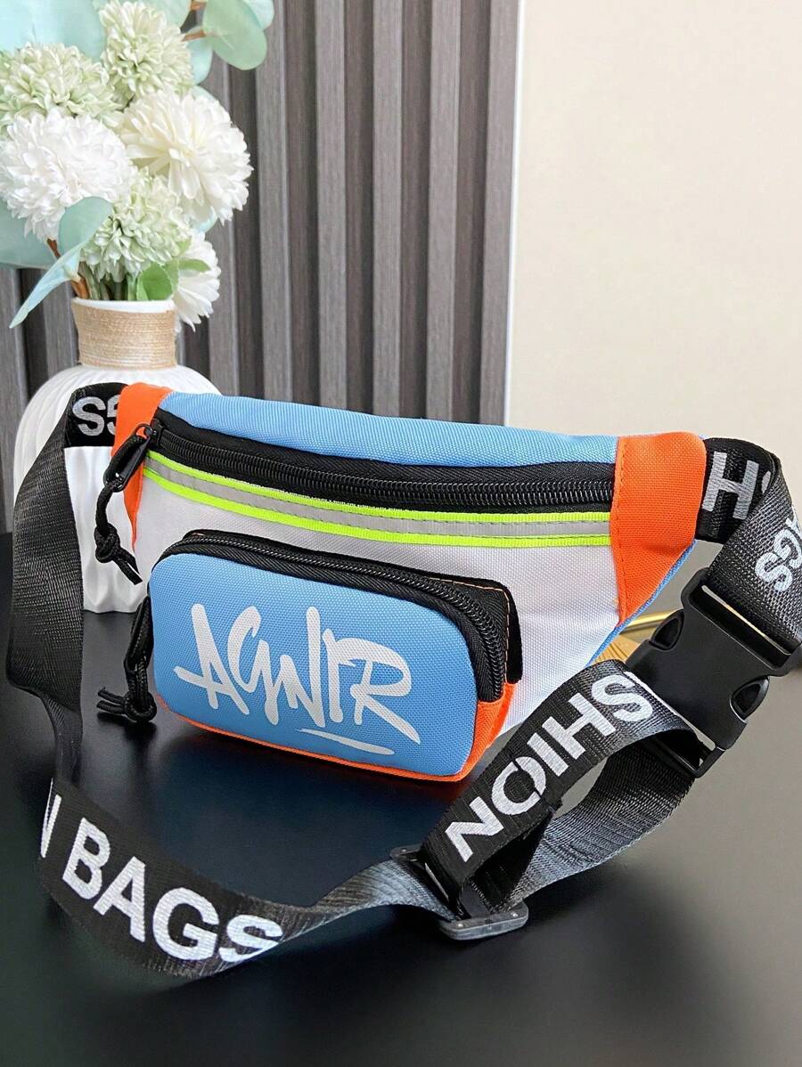 Nueva bolsa de cintura y de pecho con letras grafiteadas y colores contrastantes para niños, bolso bandolera de moda callejera de estilo hip hop