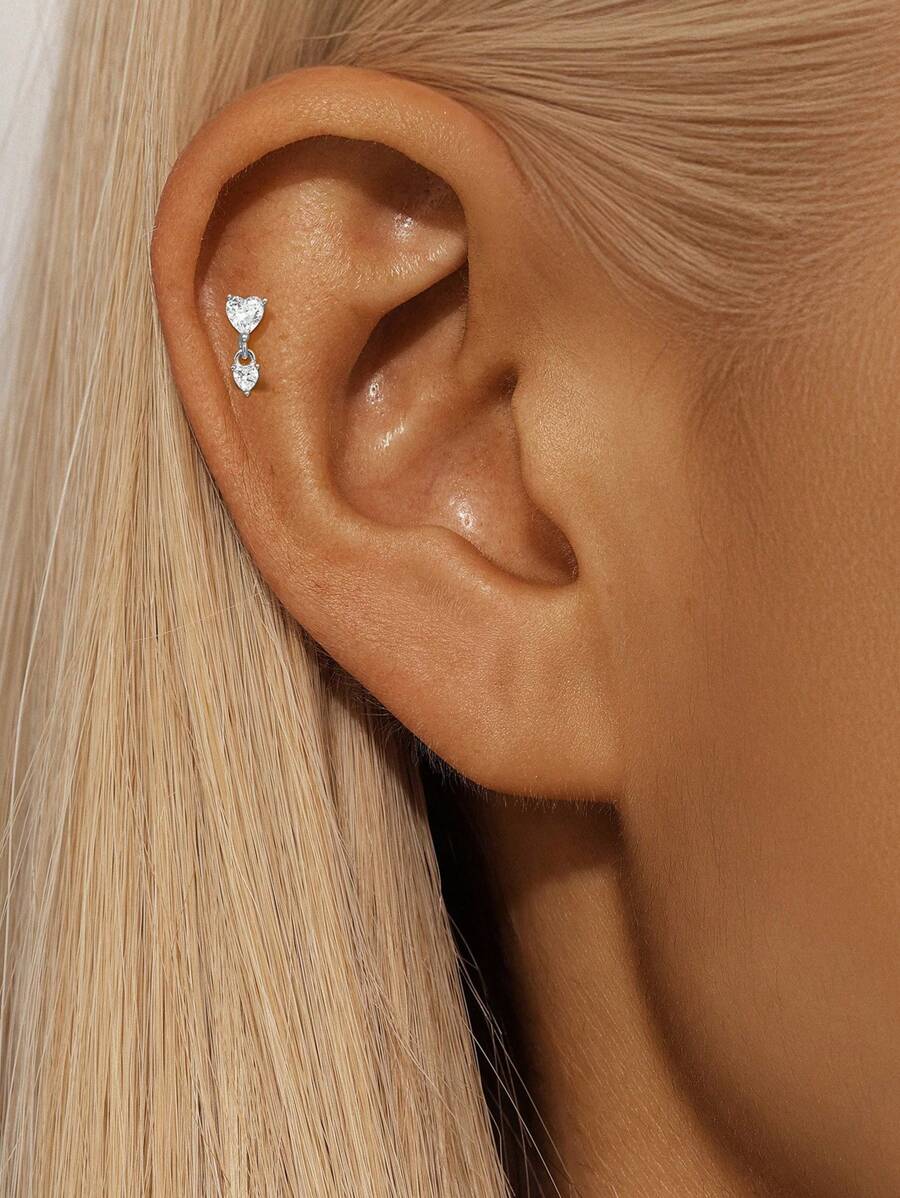 EleRunis 1 peça de piercing de cartilagem em prata esterlina 925 com fivela dupla e incrustação de amor para mulheres, com costas planas, joias finas para uso diário, festa de casamento, noivado, aniversário, dia dos namorados