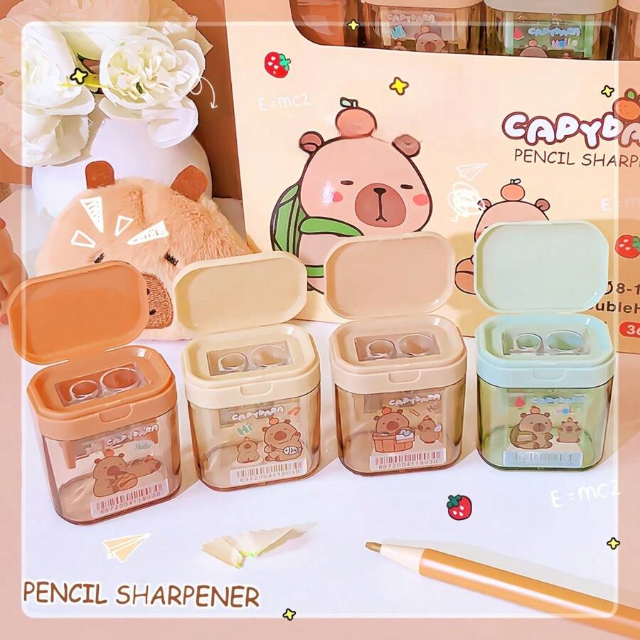 4 Stück Capybara Doppel-Loch Bleistiftspitzer, Handgehaltener Bleistiftspitzer, Schreibwaren, Geschenk, Preis, geeignet für Schule und Büroartikel, fördert Freundschaft mit Freunden, Zufallslieferung Vorbereitung auf die Schule