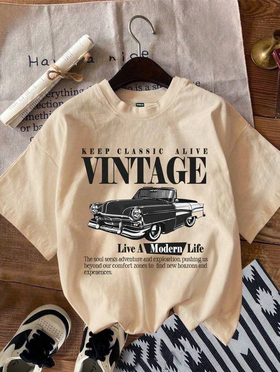 Camiseta Feminina Com Estampa Retrô De Carro Casual, Verão