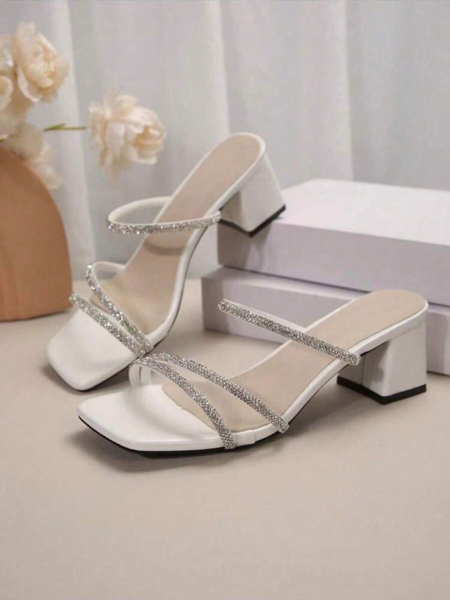 2025 New Women's Crystal Embellished Block Heel Open Toe Slide Sandals, Outdoor Party Mid Heel Slippers