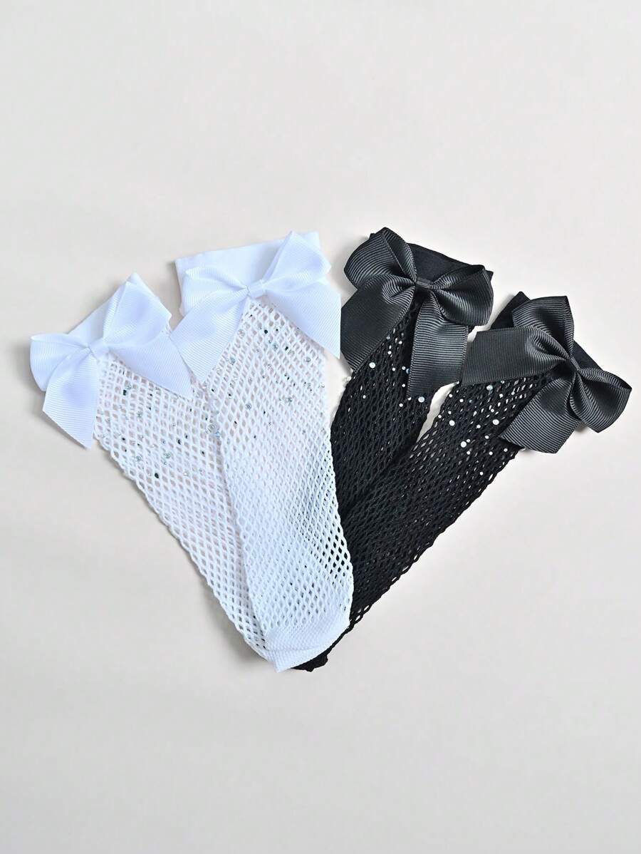 2 Pairs Girls' Rib Knit Bow & Hollow Out Fishnet Socks, Suitable For Daily Wear In Summer