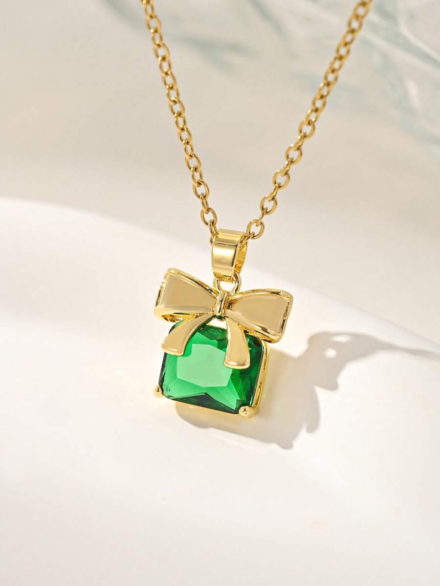 1pc Minimalist Retro Cubic Zirconia Bow Pendant Necklace, Women's Daily, Party, Date, Mother's Day Gift