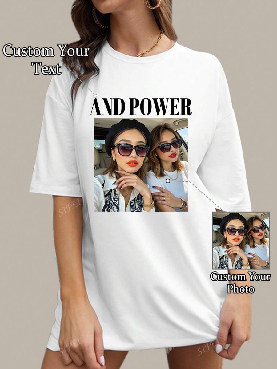Customizable Photo And Text Printing, Personalized Selfie/Lover/Family/Friend/Pet Photos And Blessing Print, Valentine's Day/Birthday/New Year/Party Anniversary Pattern Customization, Black Tops Best Friend Gift, Ornamental, Dawg, Unique, Custom, Ideal Gifts For Her, Family, Friends, Pink Girls, For Holiday, For Vacation, For Anniversaries, Women Summer Clothes, Women Summer Clothes