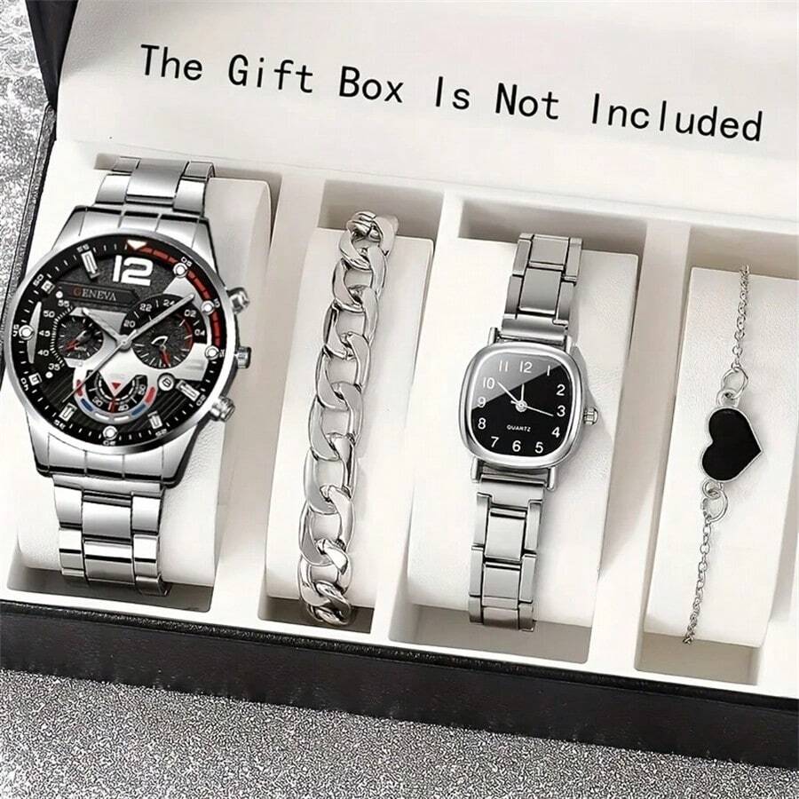 4 Stücke Paar Uhr-Set mit silbernem Edelstahlarmband, moderner lässiger Stil + Armband, kann ein wichtiges Geschenk zu Feiertagen sein