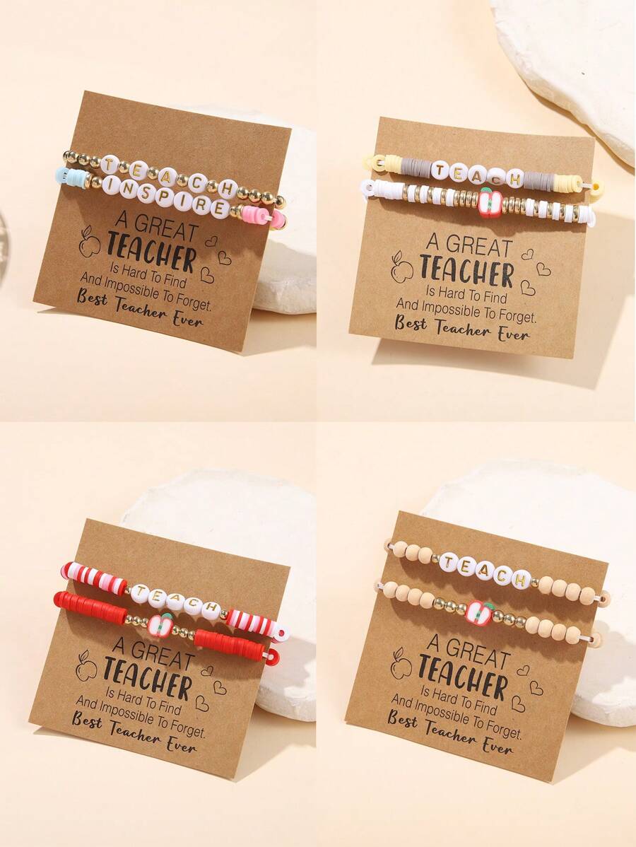 2pcs/Set Teacher's Day Bracelet Set, Fashion Soft Clay CCB Resin Wood Bead & Letter ''INSPIRE TEACH'' Bracelet, Suitable For Daily Wear And Gifting