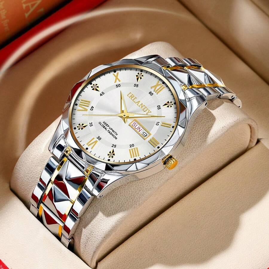Reloj de cuarzo de lujo de marca superior para hombres, con calendario, correa de acero inoxidable, diseño deportivo y de negocios casual, esfera redonda con números romanos, un regalo perfecto para fiestas, bodas, vacaciones en la playa y para parejas