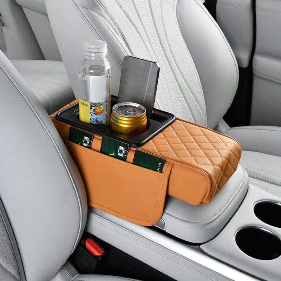 Car Center Console Height Increasing Armrest Cushion Multifunctional PU Leather Armrest Pad With Cup Holder Universal Car Armrest Pillow