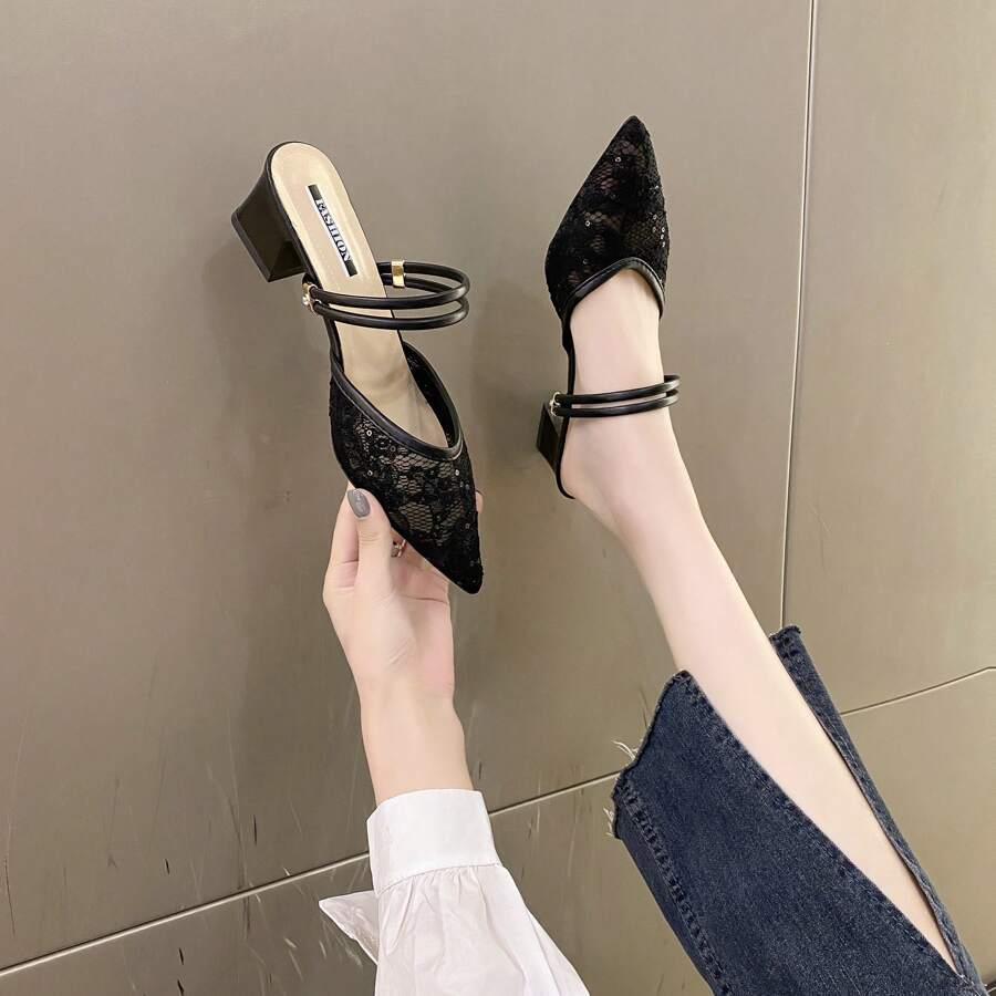 Sandalias de moda para mujeres, tacones altos de dedo cerrado tipo mula, estilo de diosa, apropiadas para el verano 2024