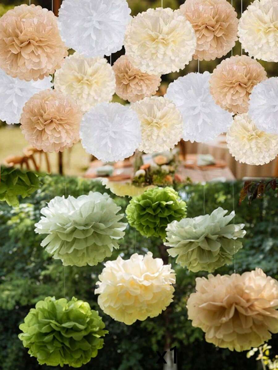 17pcs/16pcs Wedding Party Decor Paper Flower Balls, Khaki, Beige, Olive Green Paper Pom Poms, Birthday Party Background Decoration Balls, Suitable For Festivals, Anniversaries, Wedding, Valentine's Day Decorations Mother's Day Graduation