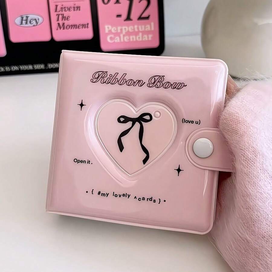 Blush Heart & Bow Decor Kpop Instgram Cute Girls Card Holder, Grid Pattern Mini Card Album, Style 3 Inch Album With 20pcs Double-Sided Inserts,Back To School,School Supplies
