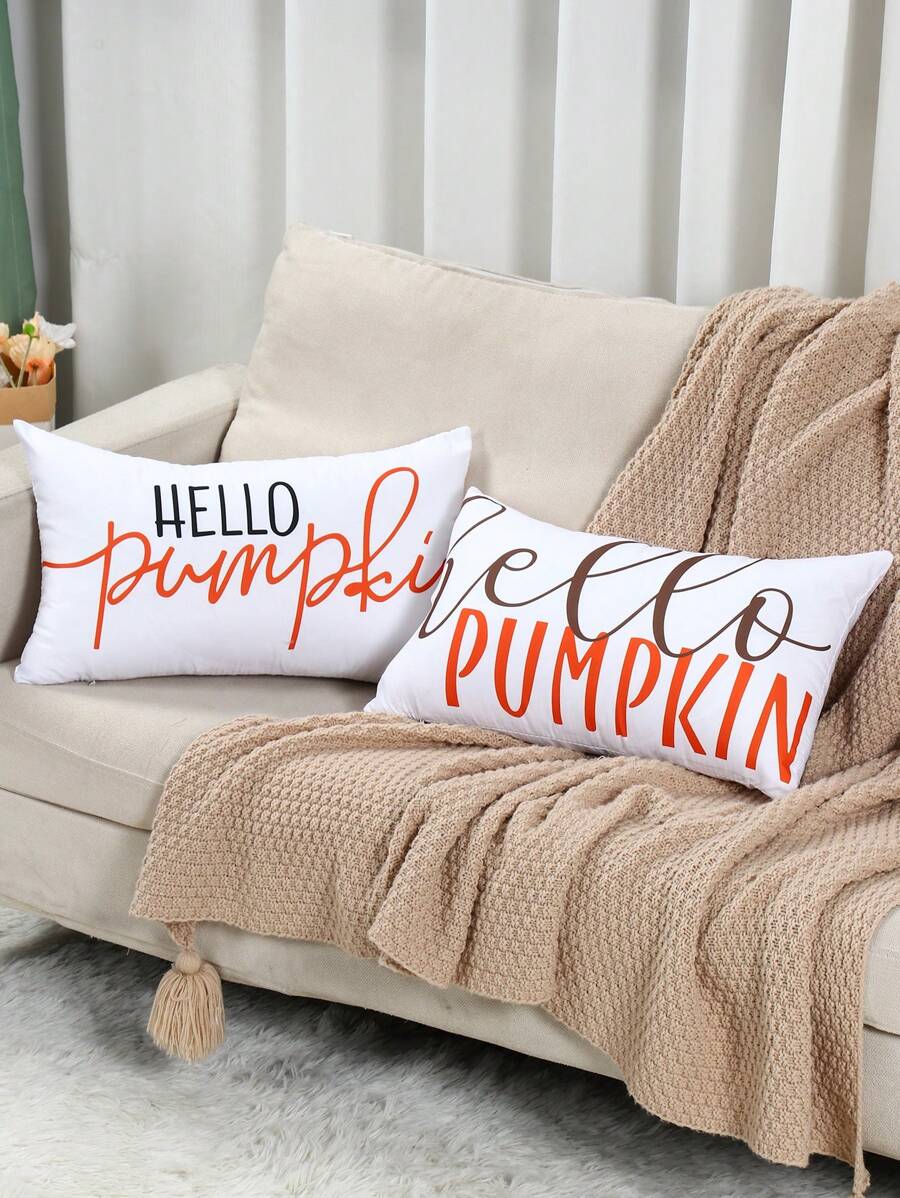 2pcs 50*30cm Hello Pumpkin Pattern Rectangular Waist Pillow Case, Throw Pillow Cover, Thanksgiving Day Polyester Peach Skin Material Cushion Cover, Autumn Fall Thanksgiving Holiday Party Family Gatherings Decoration, Creative Home Ornament Decor, Room Bed Sofa Decor 