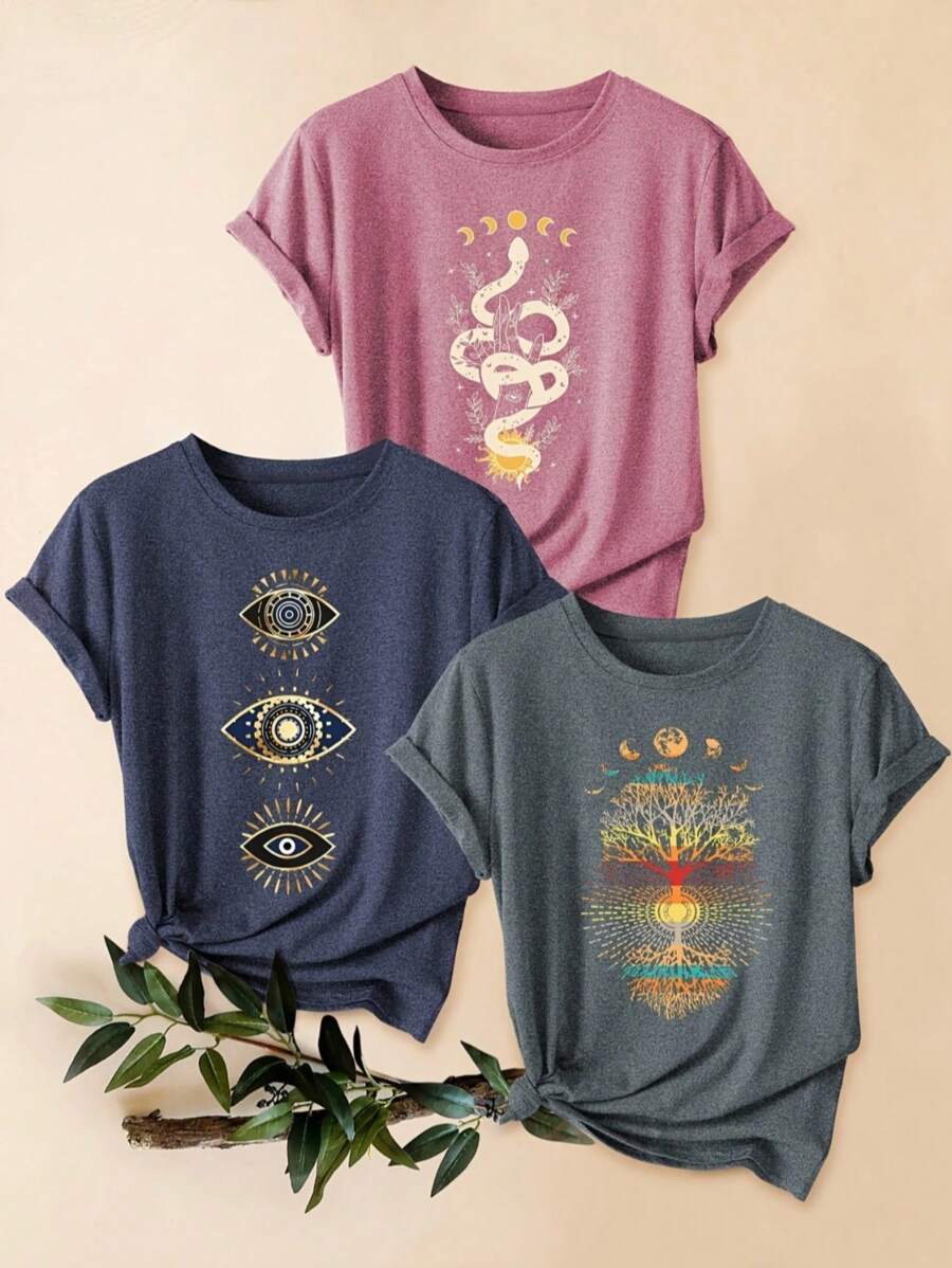 3 Stücke Vintage Sonnenbaum Berg Muster Damen Lässig Sport T-Shirts - Rundhalsausschnitt, Kurzarm, dehnbar & maschinenwaschbar