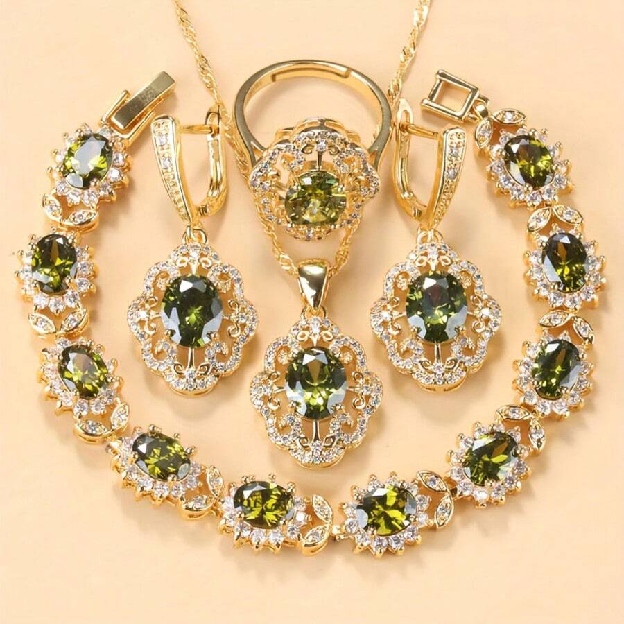 18K Gold Plated Colorful Cubic Zirconia Fashion Party Luxury Quality Wedding Bridal Elegant Jewelry Sets For Women Necklace Pendant Earrings Bracelet Ring 5-Piece Sets Gift
