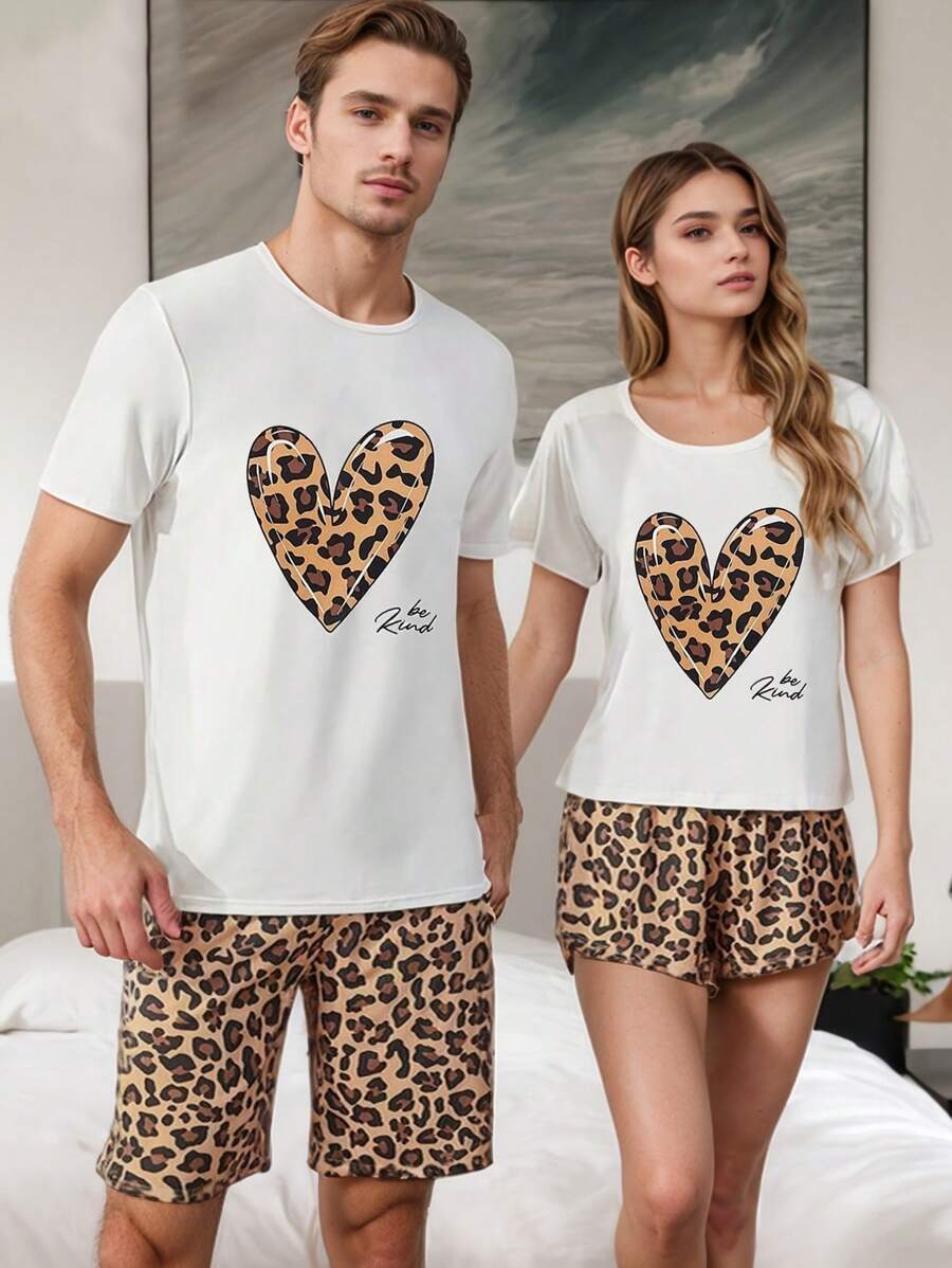 2pcs Men & Women Matching Sleepwear Set: Thin Round Neck Short Sleeve Shirt With Heart & Leopard Print + Shorts, Casual & Comfortable Lounge Set For Summer