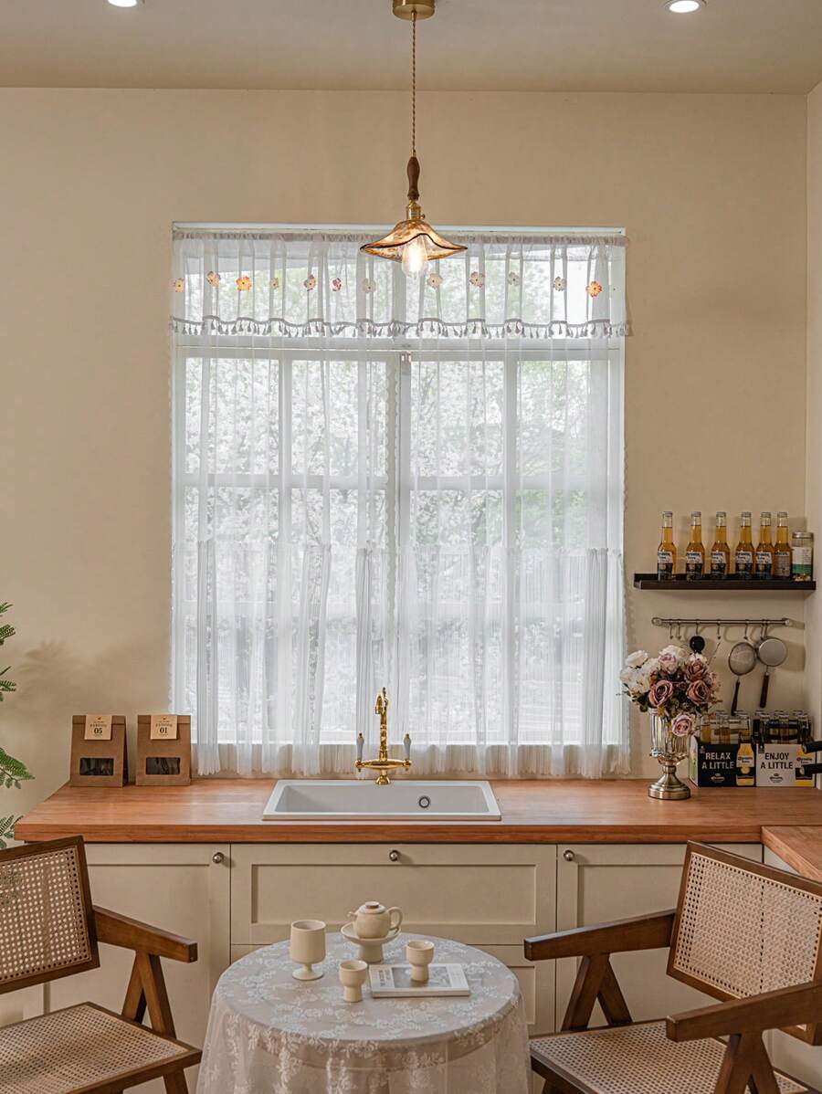 2pcs "Encounter Tenderness! Lace Curtain Covers Window, Infuses Kitchen With Dreamy Ambience, Displaying Elegant Living Aesthetics" Nordic Romantic Style, 100% Polyester Material, Rod Pocket Design, Suitable For Bedroom, Living Room, Kitchen, Balcony