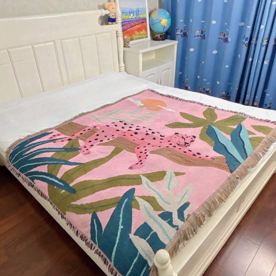 1pc Casual Leopard Pattern Bohemian Jacquard Tasseled Blanket, Versatile For All Seasons, Suitable For Camping, Sofa, Office, Bedroom And Living Room Decor