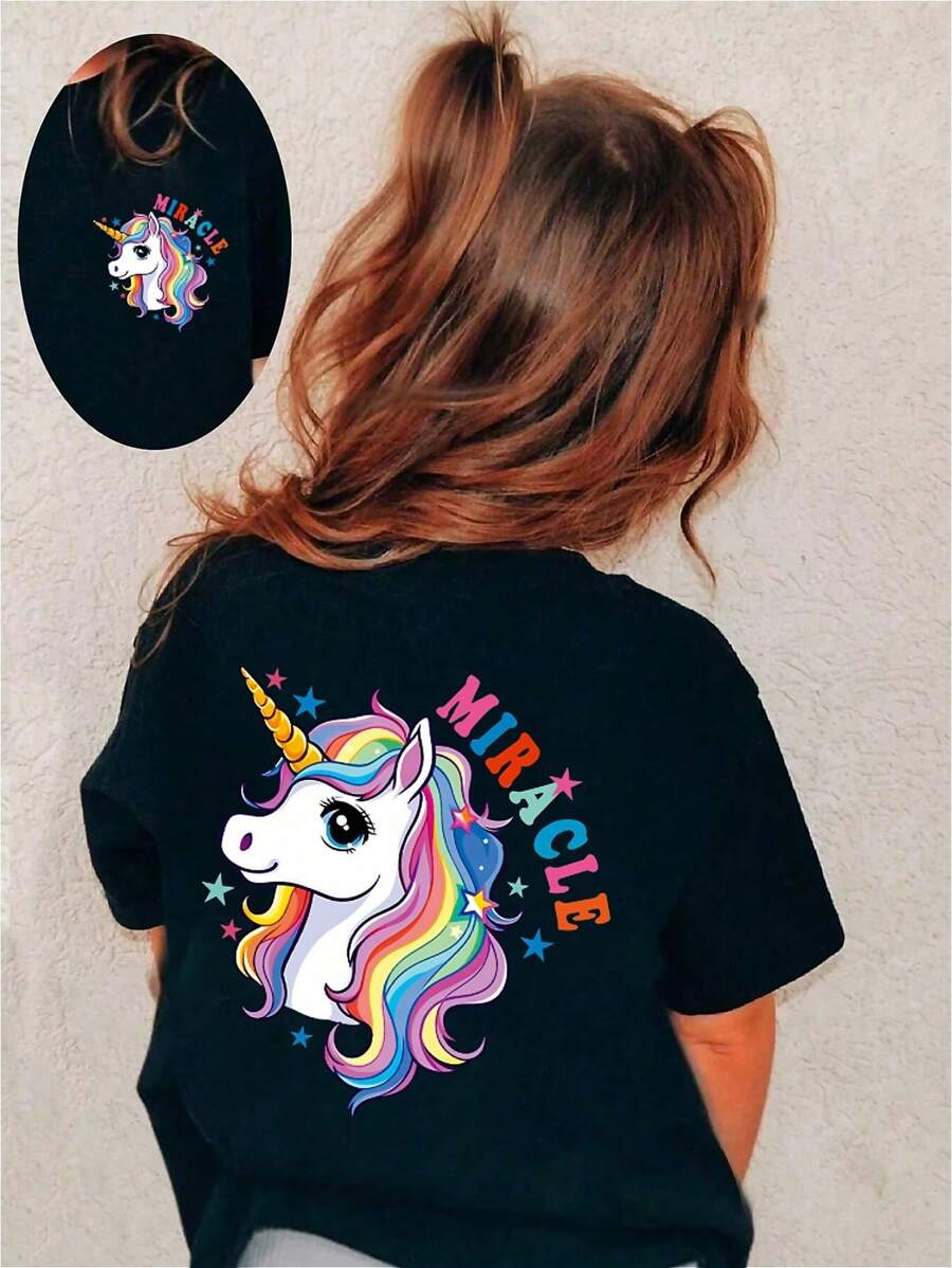 Young Girls' Casual Fashionable Comfortable Unicorn Print Short Sleeve T-Shirt, Spring/Summer
