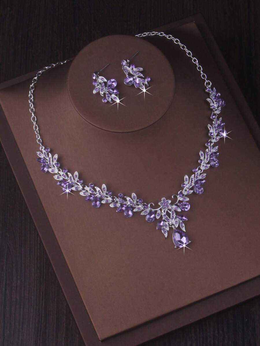 Premium Quality Women's Stylish Water Drop Pendant Necklace & Earrings Jewelry Set, Available In Purple, Navy Blue, Red, Suitable For Stage Performance, Formal Dress