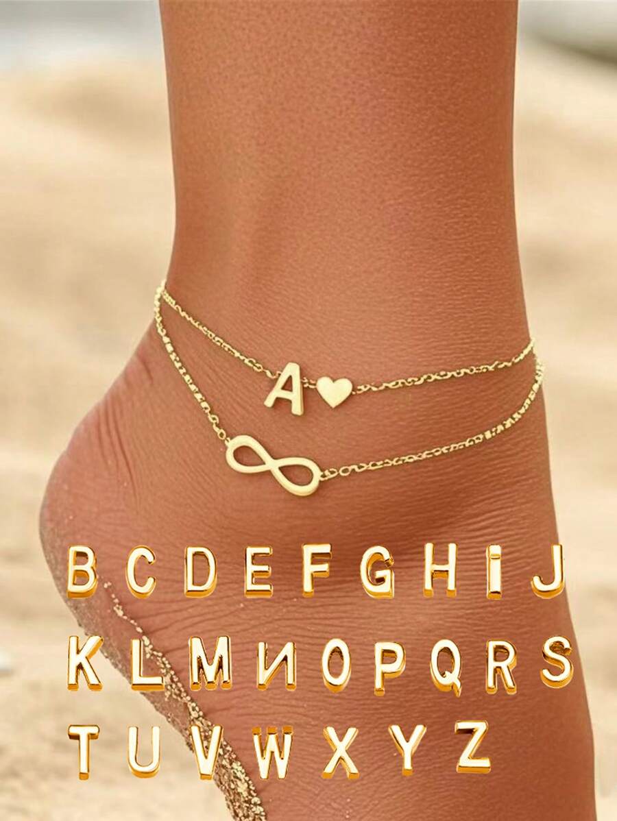 1 peça de tornozeleira minimalista versátil com coração, letra e símbolo do infinito decorada com camada dupla, estilo casual novo, adequada para uso diário feminino, festa, namoro, presente
