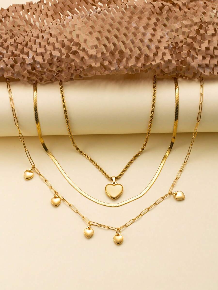 3 Peças Conjunto de Colar Gargantilha com Pingente de Coração Elegante e da Moda, Elementos em Aço Inoxidável Banhados a Ouro 18k, Adequado para Uso Diário, Encontros, Casamento, Noivado, Feriados, Presente Exquisito de Jóias, Presente para o Dia das Mães