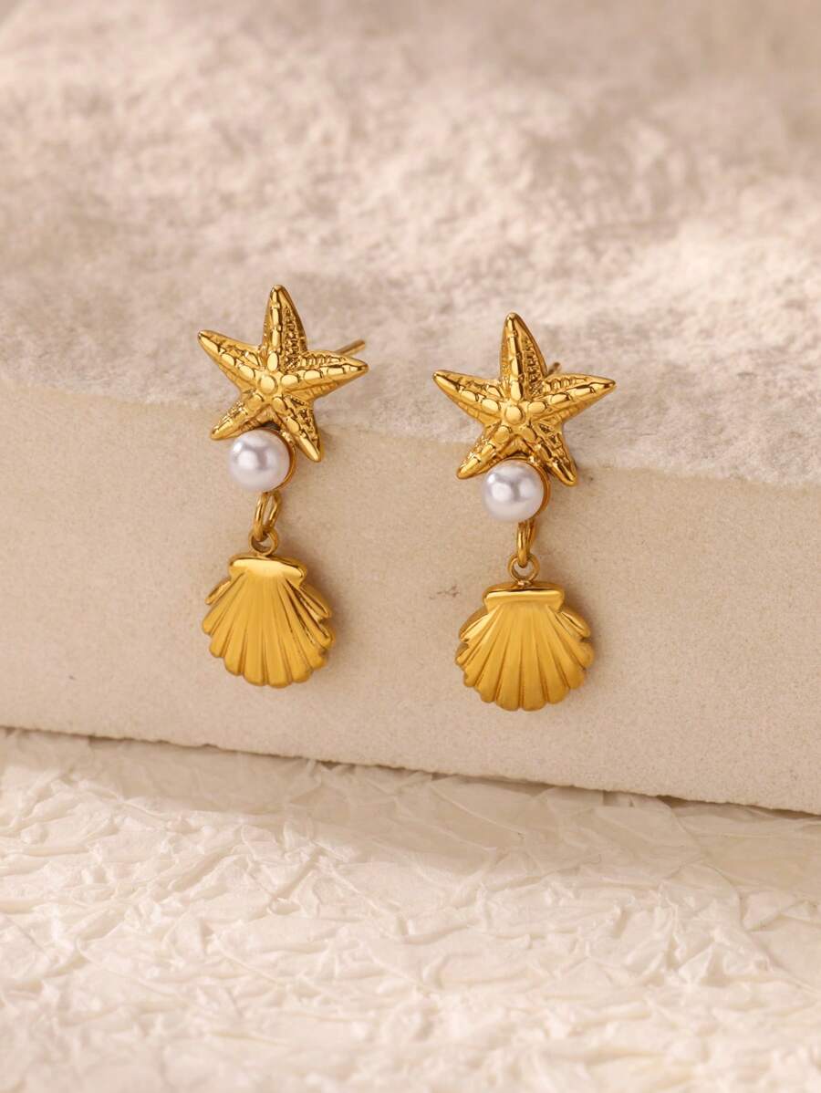1 par de brincos com pingente de concha de estrela-do-mar, pérola falsa, para mulheres, cor dourada, aço inoxidável, joias para festa de verão na praia, presente