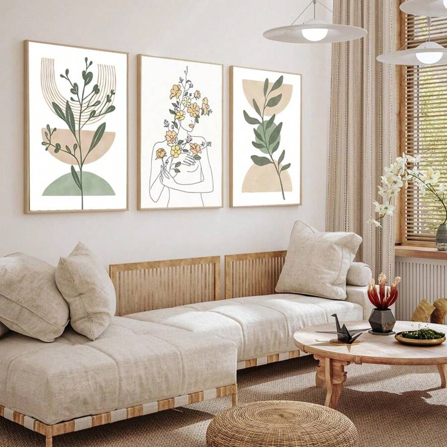 1/3Pcs Abstract Botanical Geometry Wall Arts ,Optional Frame Floral Lines, Women's Abstract Posters, Fashionable Wall Arts Decoration, Bedroom, Living Room, Office Home Decoration Paintings