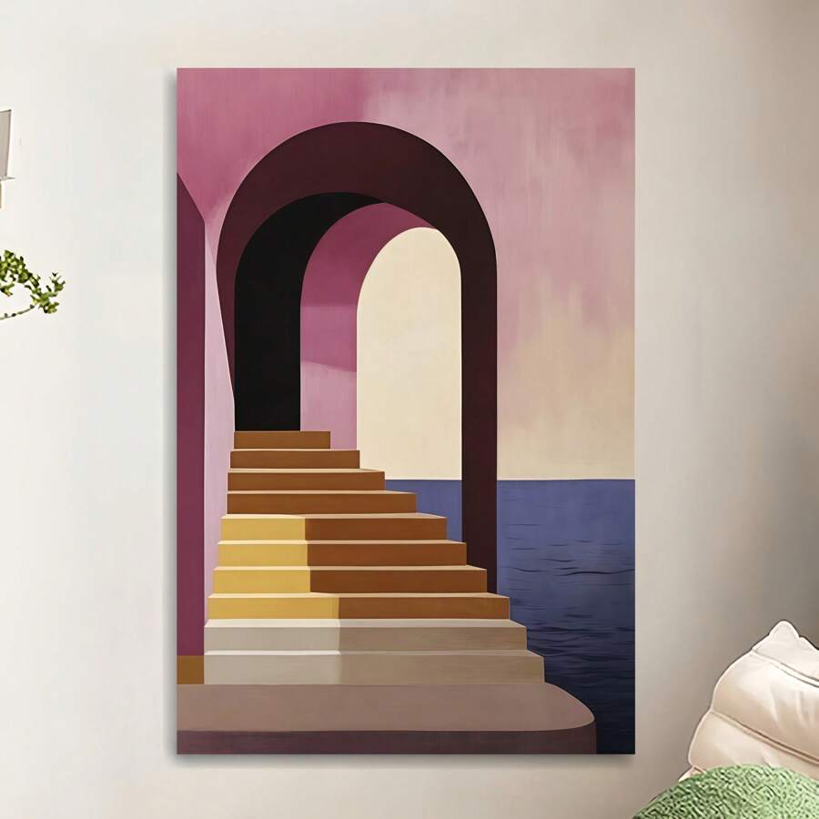 1 Piece,Modern Style Wall Paintings, Seaside Arched Houses And Stairs, Modern Frameless Art Decoration Painting, Printed Posters Mural, Waterproof Canvas,Suitable For Home, Office, Bedroom, Living Room, Study, Bathroom, Bar, Wall Arts And Home Decoration, Is An Ideal Holiday Gift