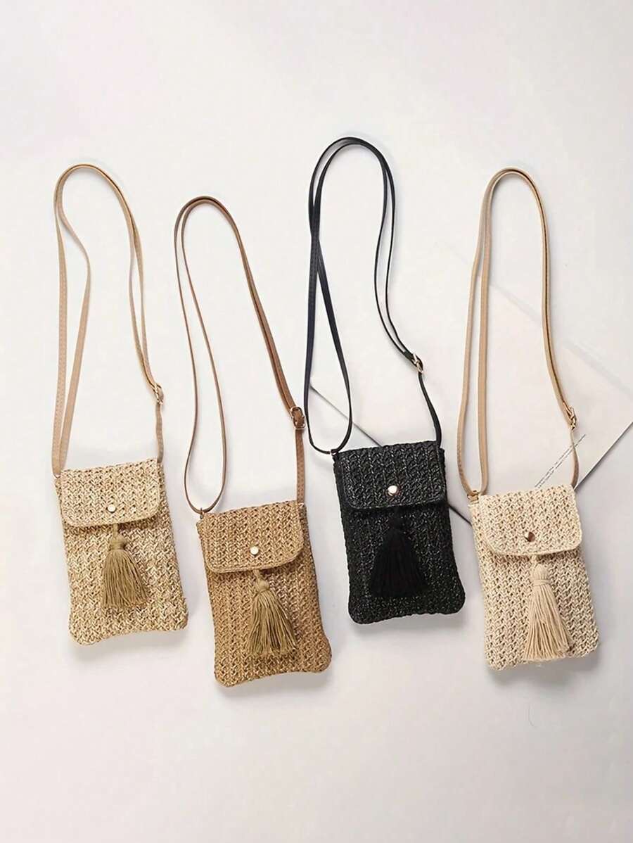 Schicke Miniatur Schultertasche für den Sommerurlaub am Strand - leicht geflochtenes Polyester mit verstellbarem Riemen, süße und kleine Umhängetasche, auffallende Strandtasche für den Sommer, mit Magnetverschluss und Quastendetail in Unifarben, lässige Umhängetasche für Handys, Geschenkidee zum Krankenschwestertag