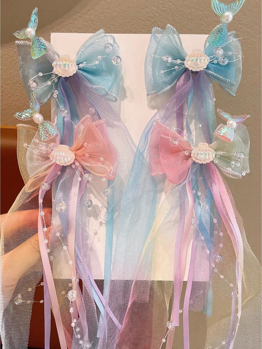 2 Piezas Accesorios para el cabello de niñas con diseño de cola de pez con destellos y perlas en tono azul océano, estilo vacacional