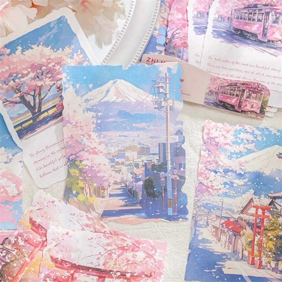 30 Sheets/Pack Self-Adhesive White Matte Finish Rectangular Disposable Office And Study Supplies, Travel Theme Paper