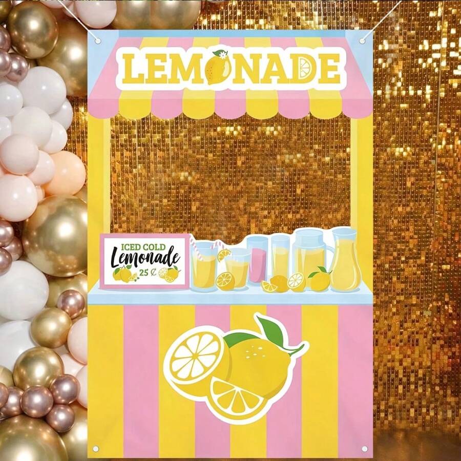 1pc Lemonade Stand Backdrop Banner, Vibrant Summer Party Decoration For Birthday, Party And Bridal Shower - Yellow And Pink Striped Design With Lemon And Ice Cream Illustrations, Photo Booth Prop, Lemon Decor