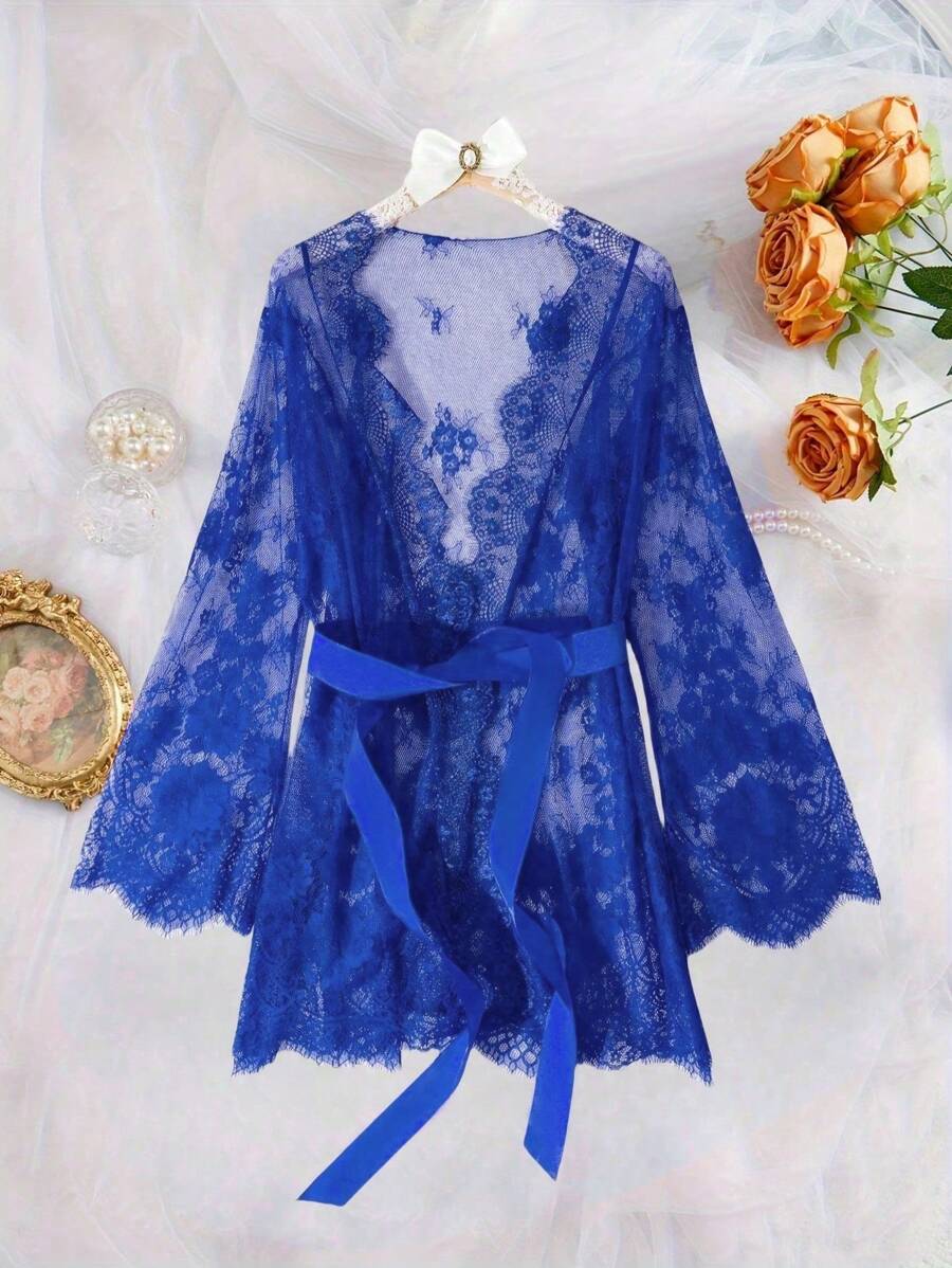 Camisón de encaje rojo sexy para el Día de San Valentín talla grande para mujeres, camisón largo y elegante de manga larga semi-transparente con cordones