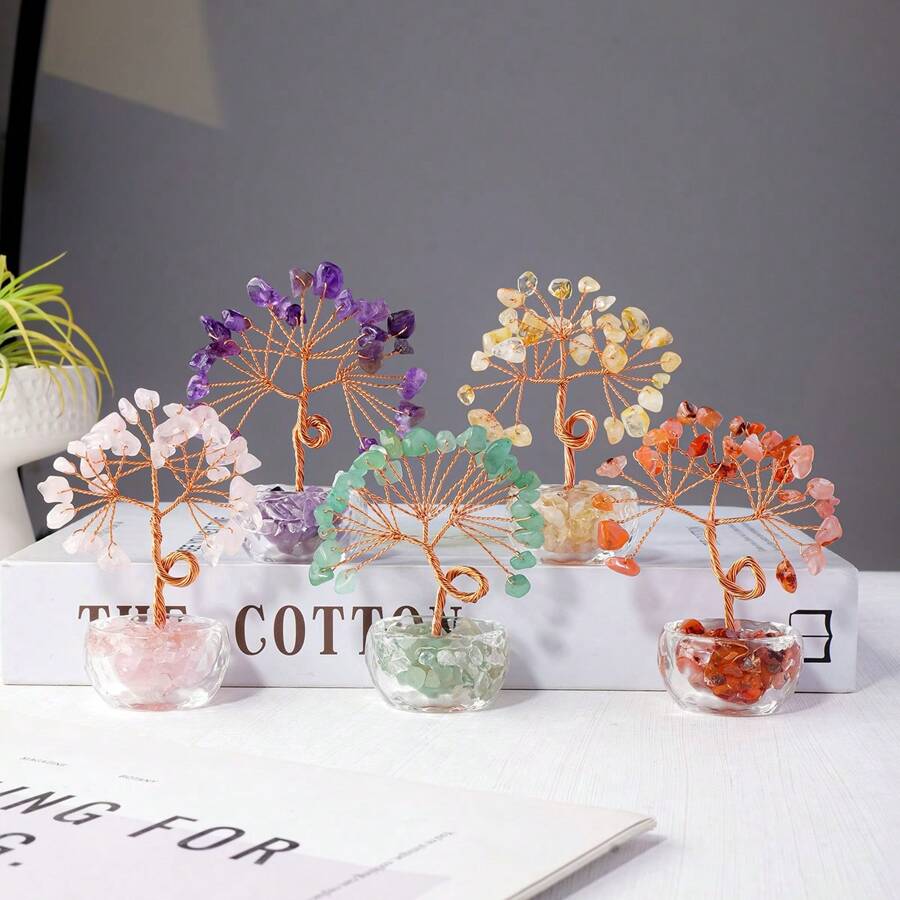 1pc Handcrafted Mini Crystal Flower Tree | Natural Crushed Stone, Glass Encased, Desktop Decor, Home Ornament, Solid Format
