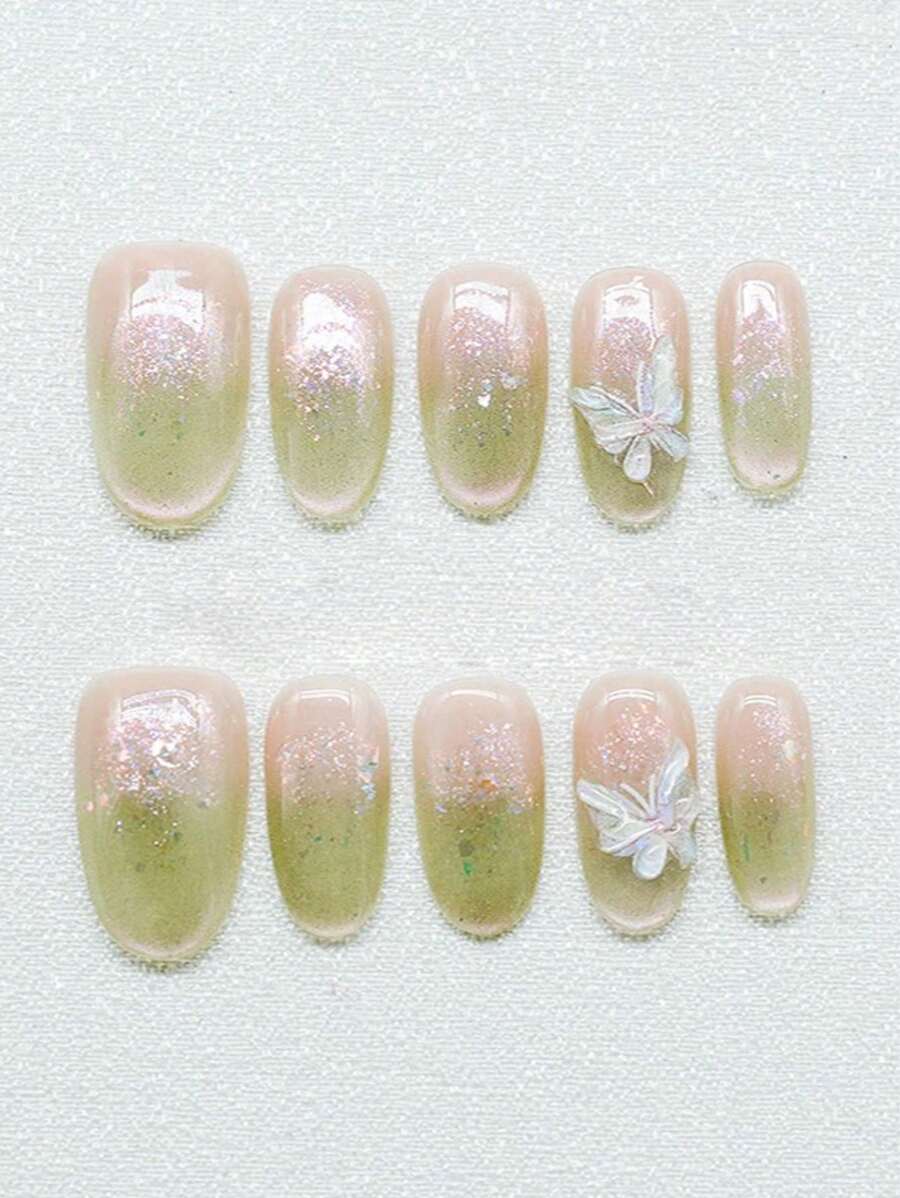 10pcs Mint Green Shimmery Cat Eye Cute Butterfly Elegant Niche Brightening Handmade Fake Nails
