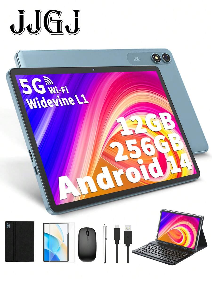 JJGJ Tablet Android 14 con teclado, 10 pulgadas, 12 GB + 256 GB, 1 TB expandible, 8 núcleos, 8000 mAh, WiFi 5G, Widevine L1, GMS, reconocimiento facial, 2 en 1 con teclado, ratón y lápiz óptico - Negra