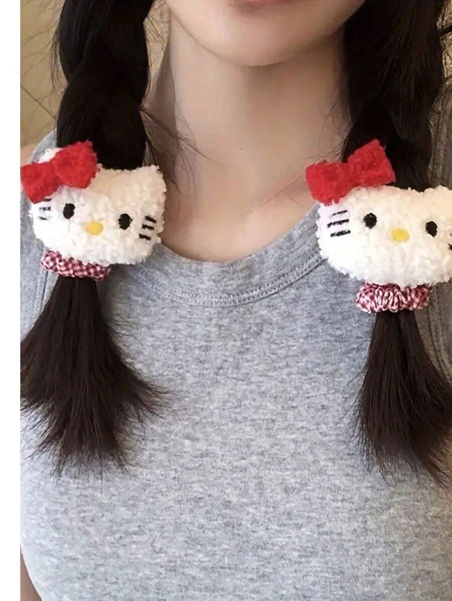 Sanrio 1/2Pcs Hello Kitty Hairpin Headband Cute Vintage Plaid Hairpin Double Horsetail Doll Woven Hair Rope(Some Parts May Be Random) Back To School