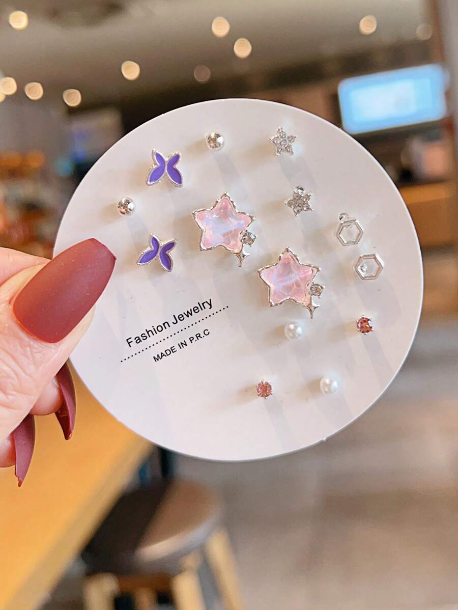 14pcs/Set Cute Faux Pearl, Glass, Rhinestone Butterfly, Pentagon, Star Shaped Earring Set, Suitable For Women, Daily Wear And Gift